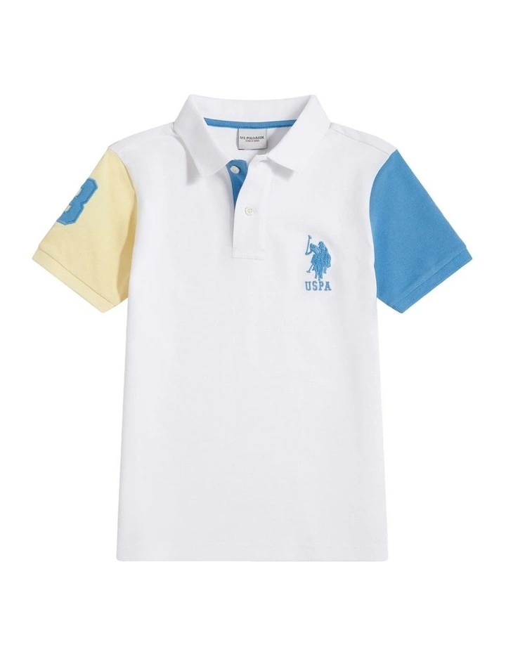 Boys Player 3 Colour Block Pique Polo Shirt in Bright White image 6