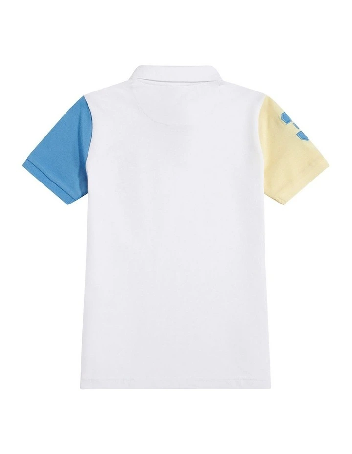 Boys Player 3 Colour Block Pique Polo Shirt in Bright White image 7