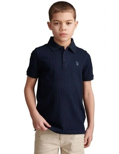 Boys Vertical Texture Polo Shirt in Dark Sapphire Navy / Moonlight Blue DHM
