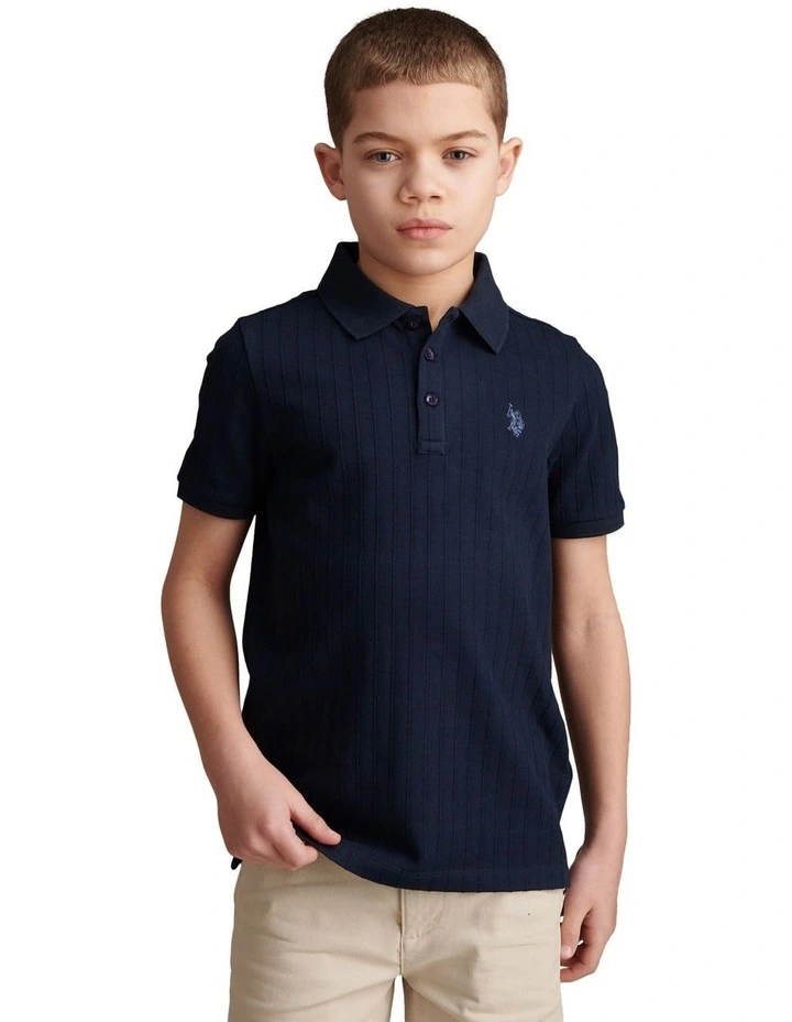 Boys Vertical Texture Polo Shirt in Dark Sapphire Navy / Moonlight Blue DHM image 1