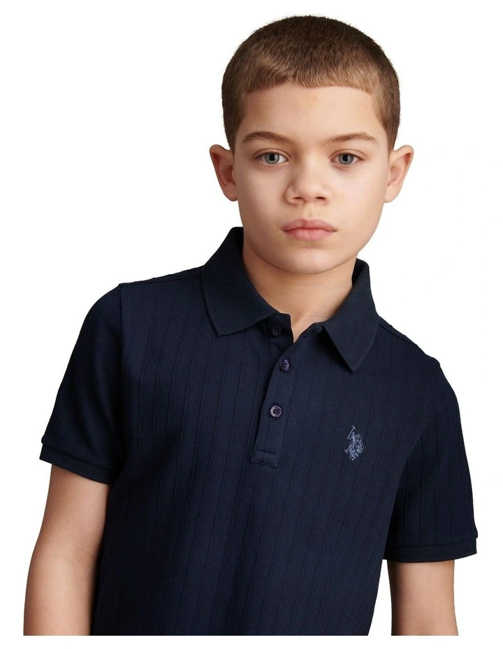 Boys Vertical Texture Polo Shirt in Dark Sapphire Navy / Moonlight Blue DHM image 2
