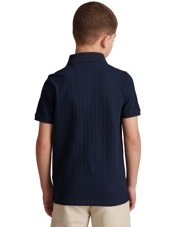 Boys Vertical Texture Polo Shirt in Dark Sapphire Navy / Moonlight Blue DHM image 4