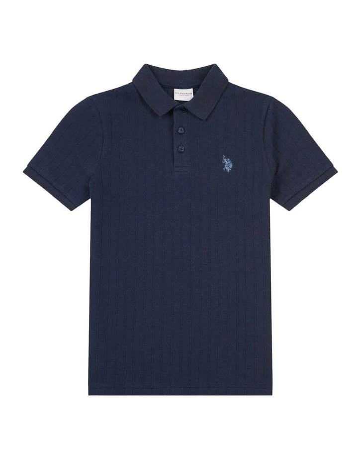Boys Vertical Texture Polo Shirt in Dark Sapphire Navy / Moonlight Blue DHM image 5