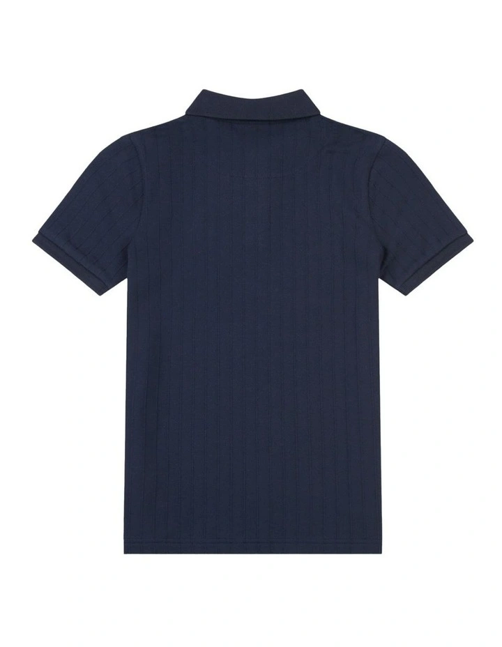 Boys Vertical Texture Polo Shirt in Dark Sapphire Navy / Moonlight Blue DHM image 6