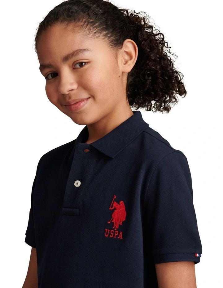 Boys Player 3 Polo Shirt Dark Sapphire Navy / Haute Red DHM image 2