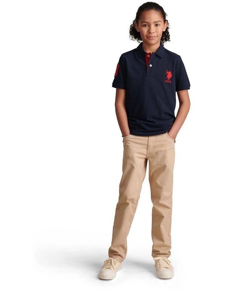 Boys Player 3 Polo Shirt Dark Sapphire Navy / Haute Red DHM image 3