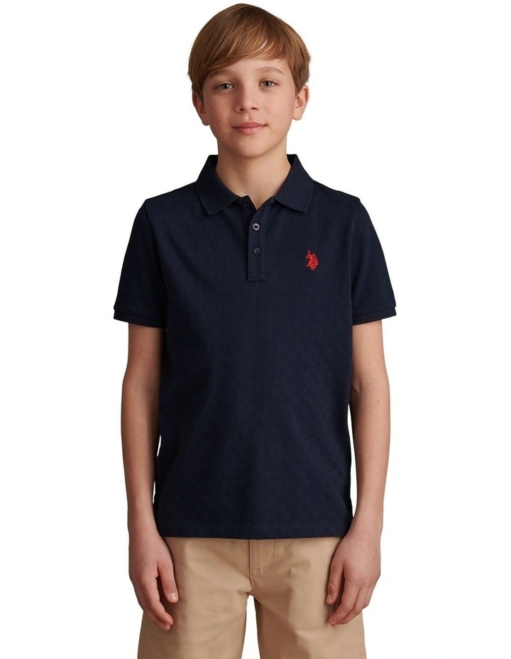 Boys Check Texture Polo Shirt Dark Sapphire Navy / Haute Red DHM image 1