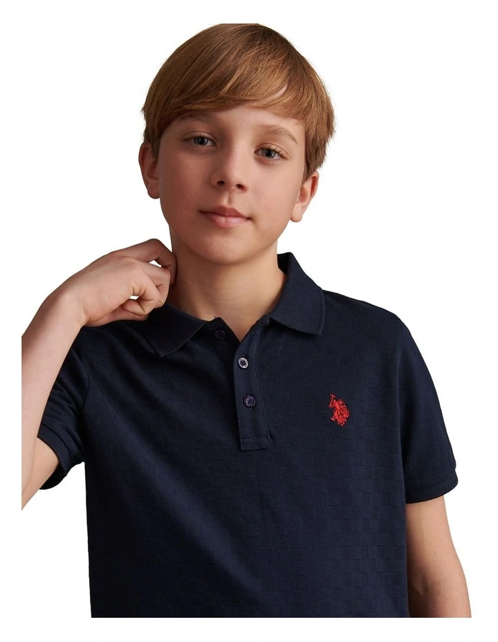Boys Check Texture Polo Shirt Dark Sapphire Navy / Haute Red DHM image 2