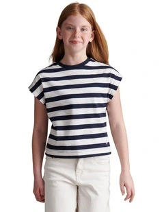 Girls Striped Cap Sleeve Tank Top Navy Iris