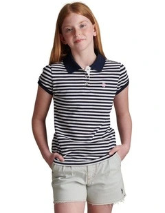 Girls Stripe Cap Sleeve Pique Polo Shirt Navy Iris