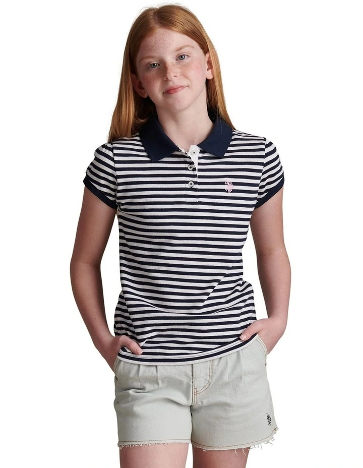 Girls Stripe Cap Sleeve Pique Polo Shirt Navy Iris image 1