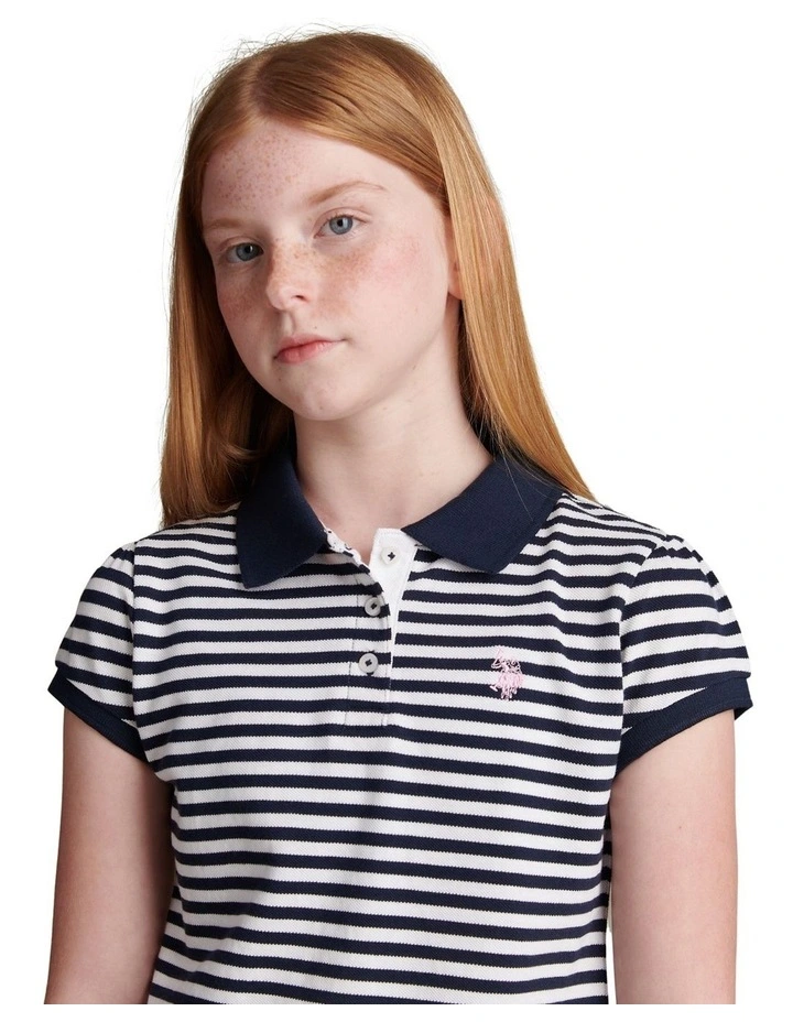 Girls Stripe Cap Sleeve Pique Polo Shirt Navy Iris image 2
