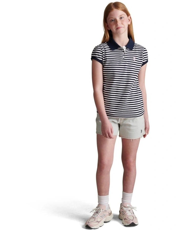 Girls Stripe Cap Sleeve Pique Polo Shirt Navy Iris image 3