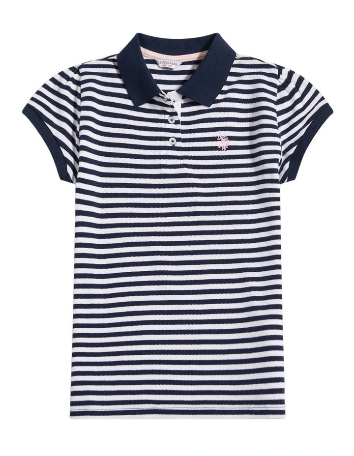 Girls Stripe Cap Sleeve Pique Polo Shirt Navy Iris image 5