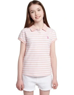 Girls Cap Sleeve Stripe Polo Shirt in Crystal Rose