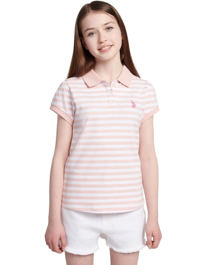 Girls Cap Sleeve Stripe Polo Shirt in Crystal Rose image 1