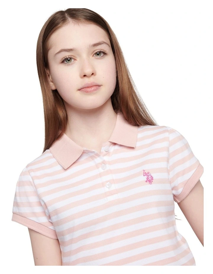 Girls Cap Sleeve Stripe Polo Shirt in Crystal Rose image 2