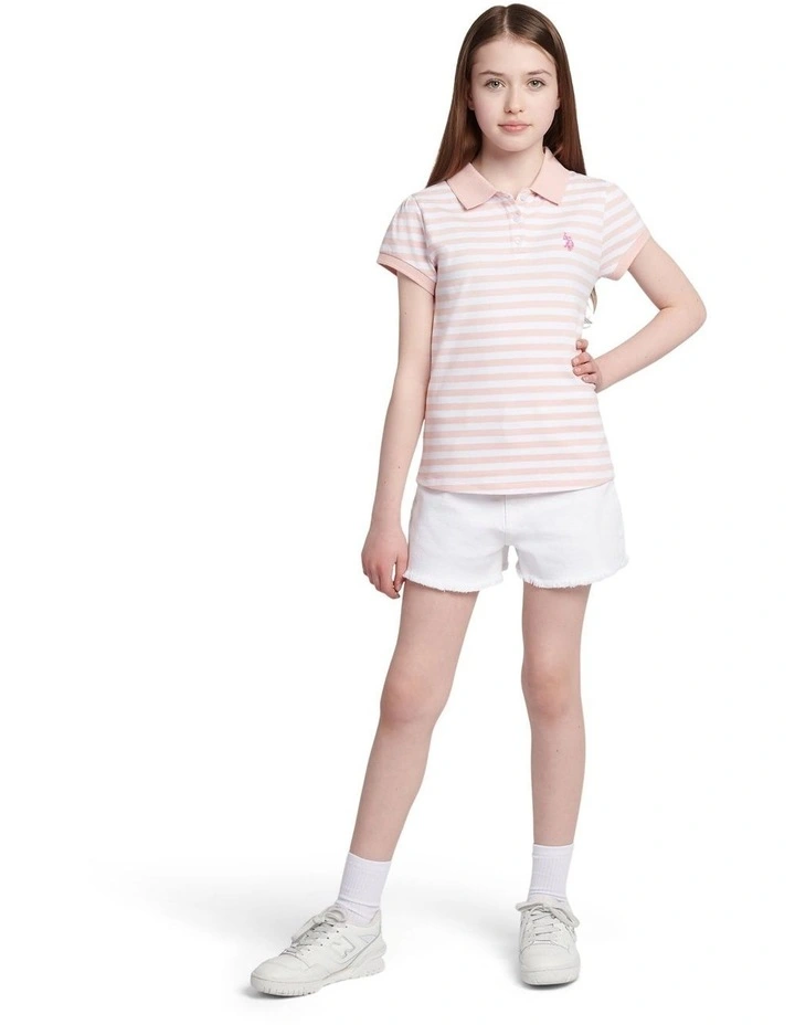 Girls Cap Sleeve Stripe Polo Shirt in Crystal Rose image 3
