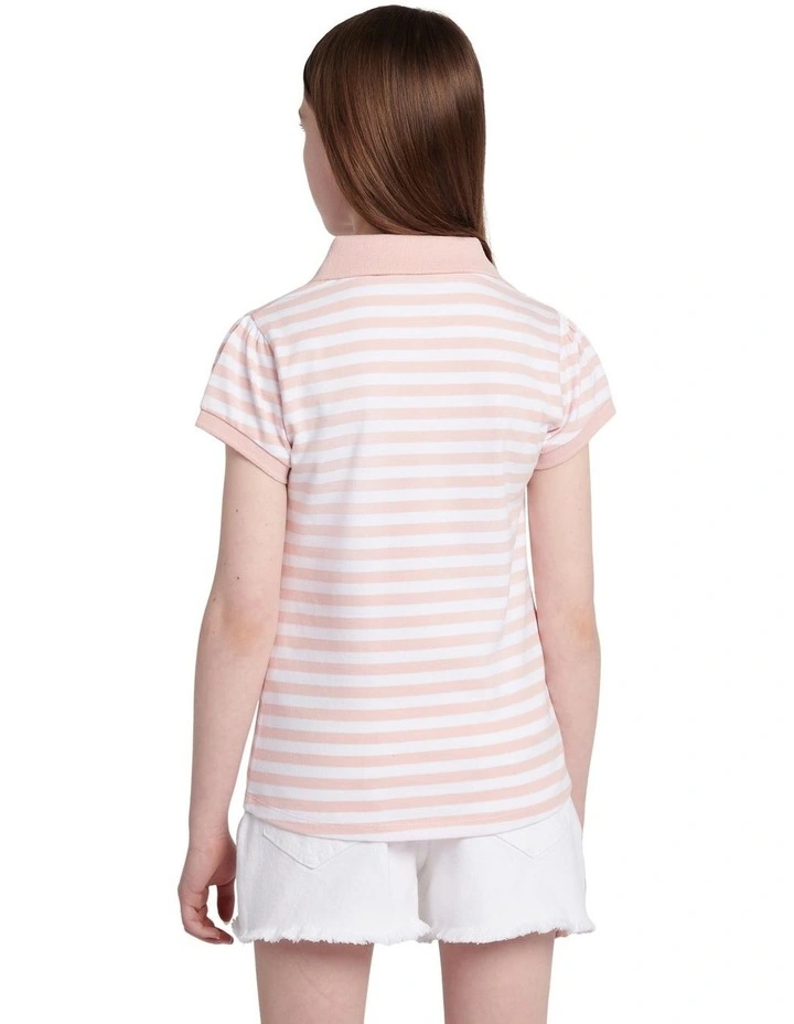 Girls Cap Sleeve Stripe Polo Shirt in Crystal Rose image 4