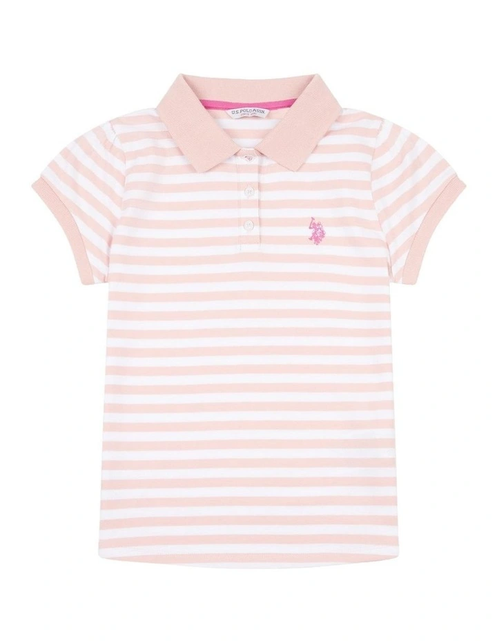 Girls Cap Sleeve Stripe Polo Shirt in Crystal Rose image 5