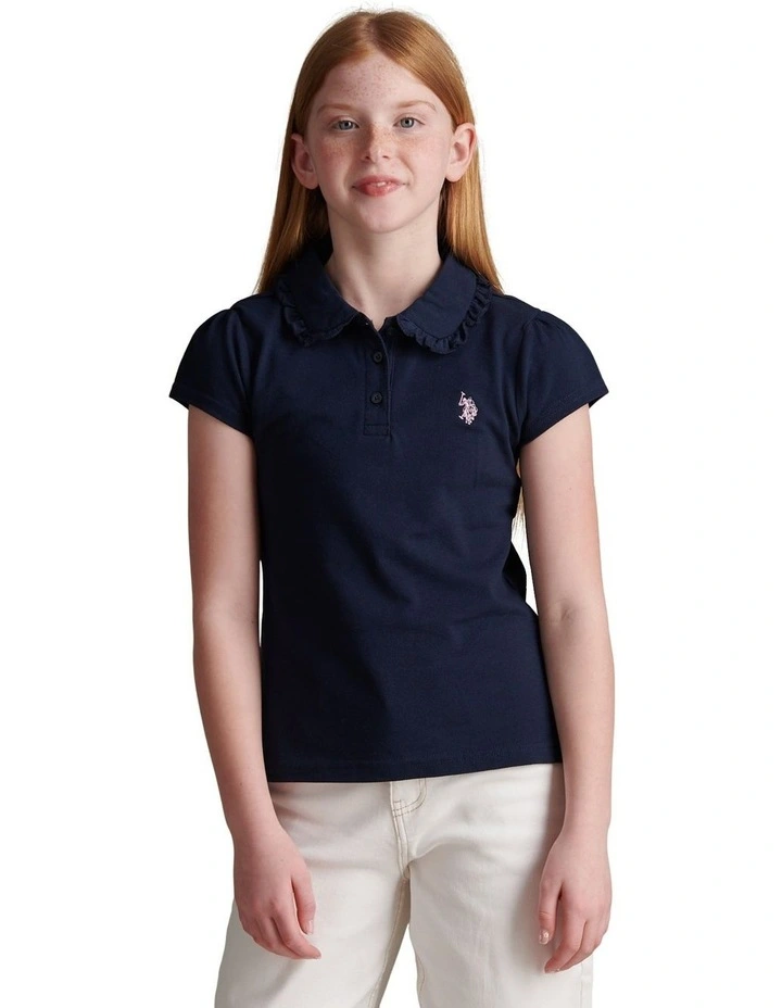 Girls Frill Collar Pique Polo Shirt Navy Iris image 1