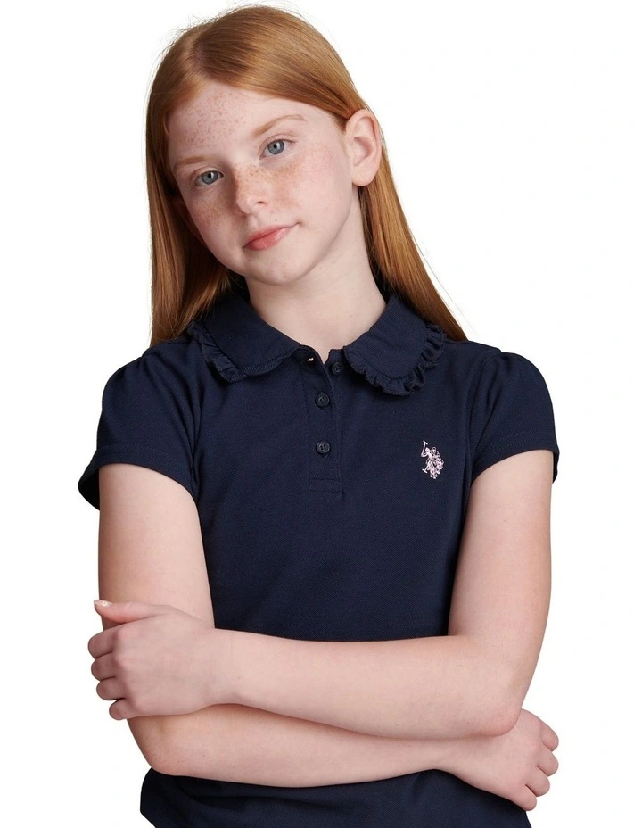 Girls Frill Collar Pique Polo Shirt Navy Iris image 2