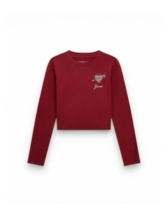 Cropped Long Sleeve Logo Top in Red