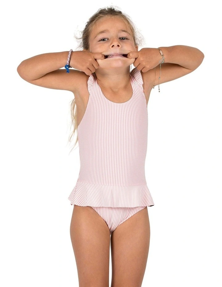 Baby / Girls' 1-piece skirt swimsuit - pink and white stripe image 1