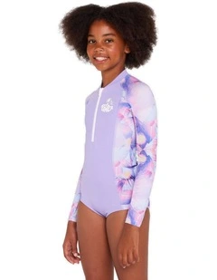 Girls surfing front zip long sleeve one-piece swimsuit - 500 Lucy purple