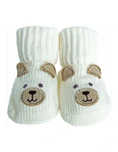 Novelty Knitted Bootie Socks With Bear Design Cream 0-6M
