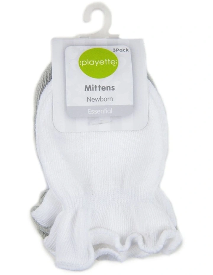 3pc Essential Mittens Cotton Blend Satin Bow Trimmed Grey & White image 1
