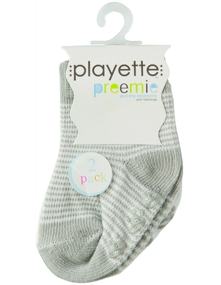 2pc Preemie Fashion Socks Cotton Blend Grip Sole Grey & White image 2