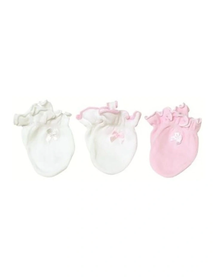 3pc Essential Mittens Cotton Blend With Satin B Pink & White image 1