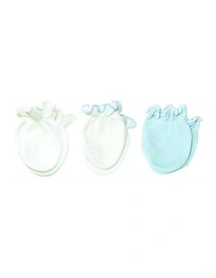 3pc Preemie Mittens Cotton Blend Elastic Cuff Fit Blue/White
