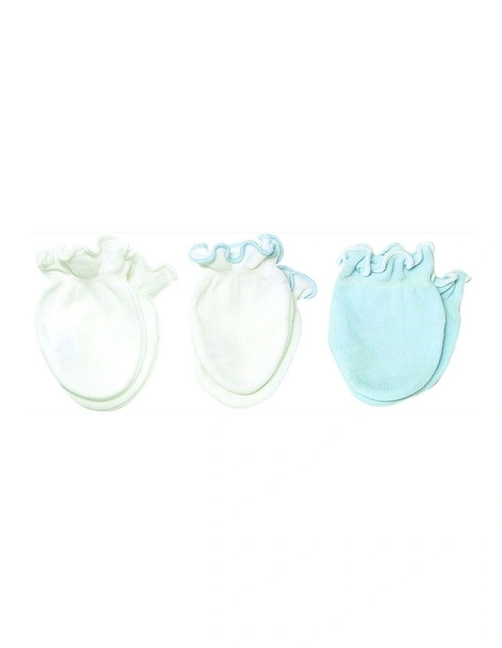 3pc Preemie Mittens Cotton Blend Elastic Cuff Fit Blue/White image 1