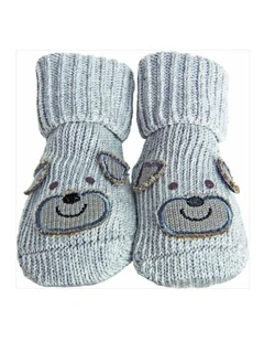 Novelty Knitted Bootie Socks Grey With Puppy Design 0-6M