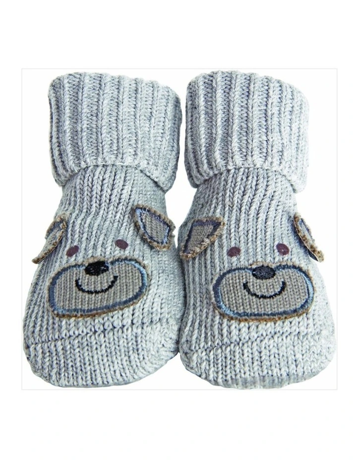 Novelty Knitted Bootie Socks Grey With Puppy Design 0-6M image 1