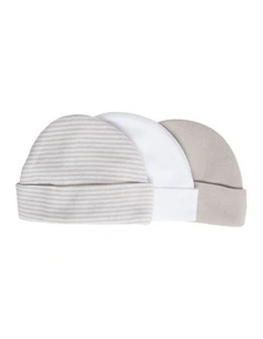 3pc Preemie Caps Knitted Cotton Blend Fit Cuff Grey & White