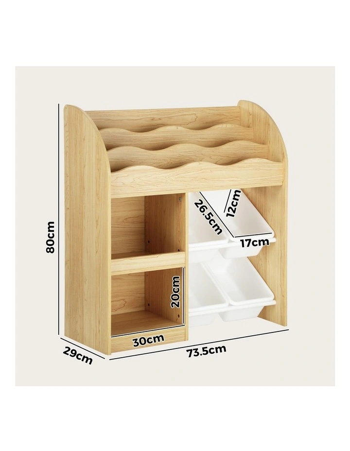 Oikiture Kids Bookshelf 4 Bins Toy Box Storage Organiser Display Shelf image 3