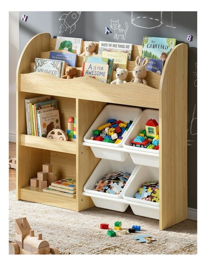 Oikiture Kids Bookshelf 4 Bins Toy Box Storage Organiser Display Shelf image 4