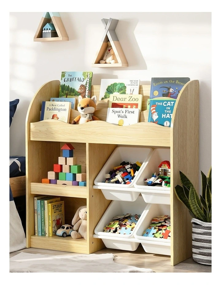 Oikiture Kids Bookshelf 4 Bins Toy Box Storage Organiser Display Shelf image 5