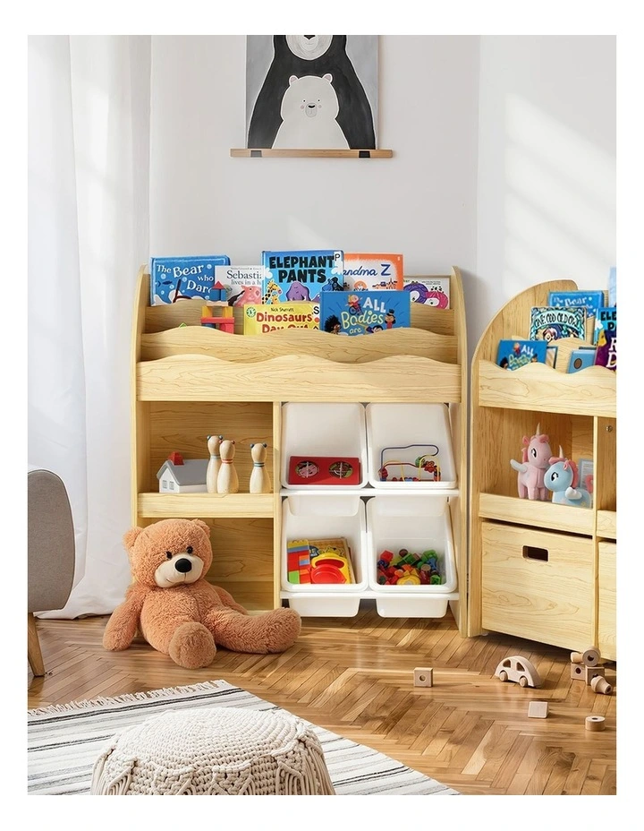 Oikiture Kids Bookshelf 4 Bins Toy Box Storage Organiser Display Shelf image 7