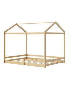 Oikiture Double Kids Wooden Bed Frame Timber House Beds Base with Fence Natural
