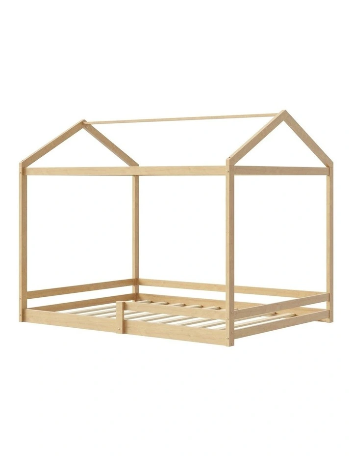 Oikiture Double Kids Wooden Bed Frame Timber House Beds Base with Fence Natural image 1