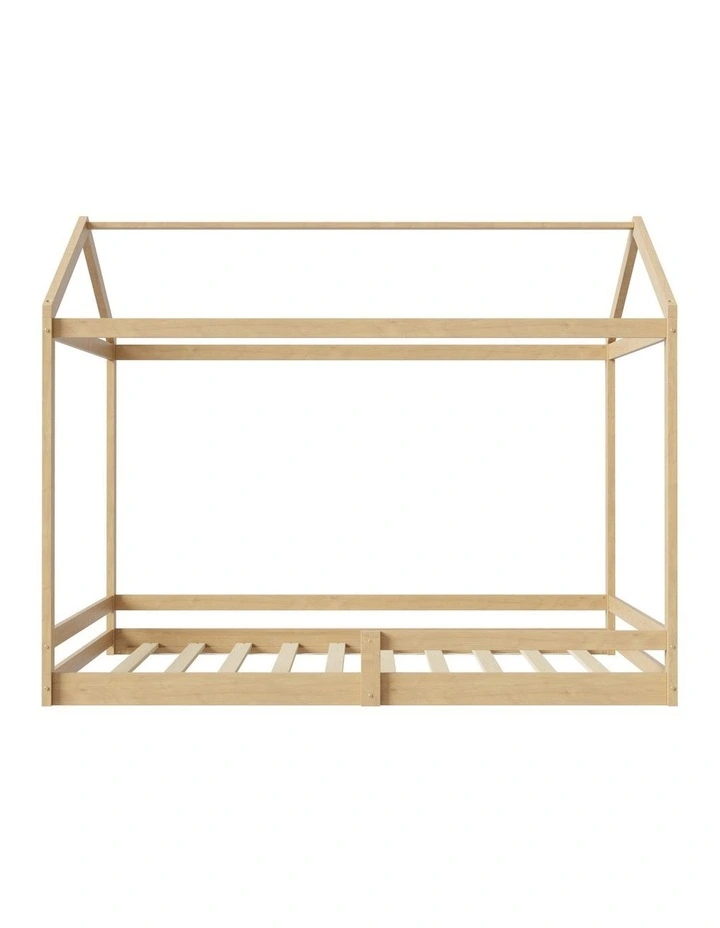 Oikiture Double Kids Wooden Bed Frame Timber House Beds Base with Fence Natural image 2