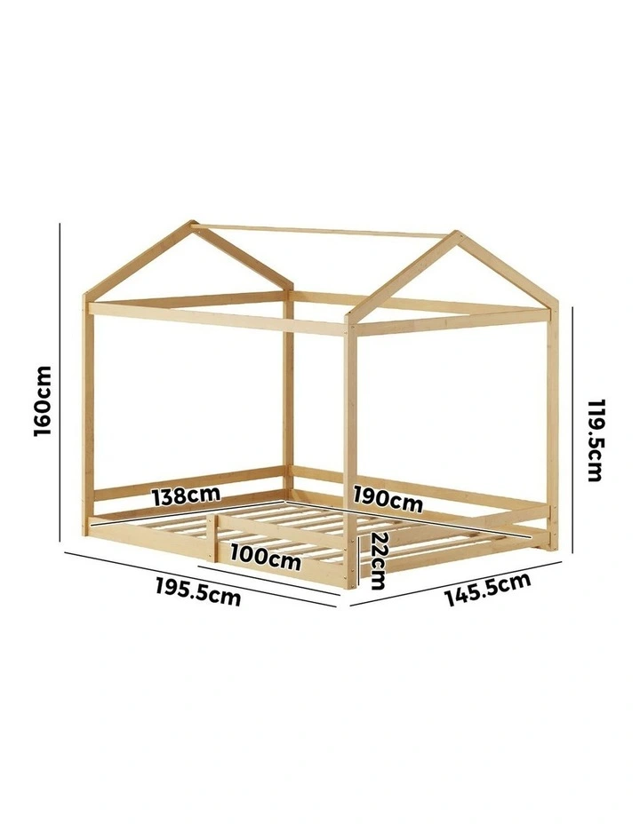 Oikiture Double Kids Wooden Bed Frame Timber House Beds Base with Fence Natural image 3