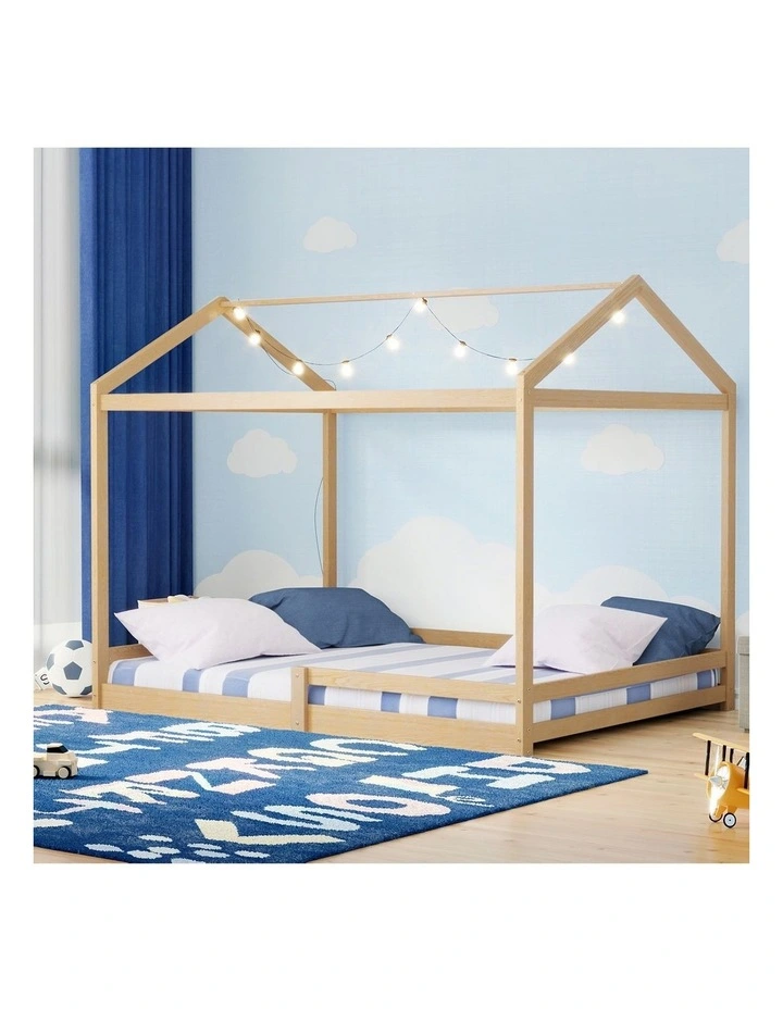 Oikiture Double Kids Wooden Bed Frame Timber House Beds Base with Fence Natural image 4