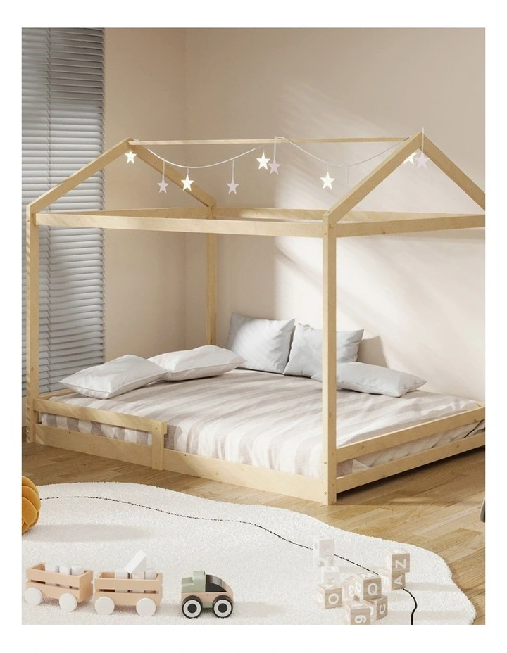 Oikiture Double Kids Wooden Bed Frame Timber House Beds Base with Fence Natural image 5