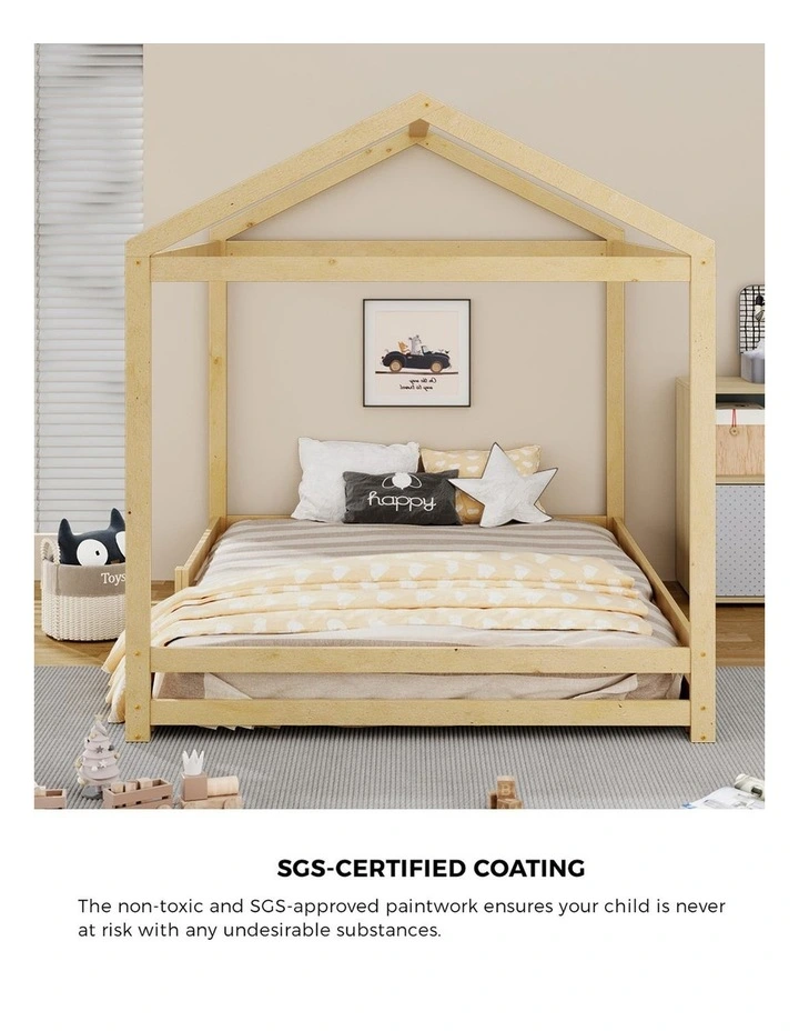 Oikiture Double Kids Wooden Bed Frame Timber House Beds Base with Fence Natural image 6