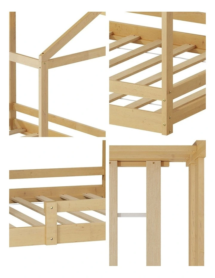 Oikiture Double Kids Wooden Bed Frame Timber House Beds Base with Fence Natural image 7
